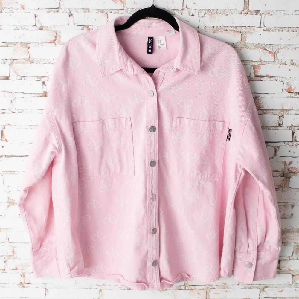 H&M Divided Blackpink Women's Medium Oversized Pink Jean Jacket All Over Print